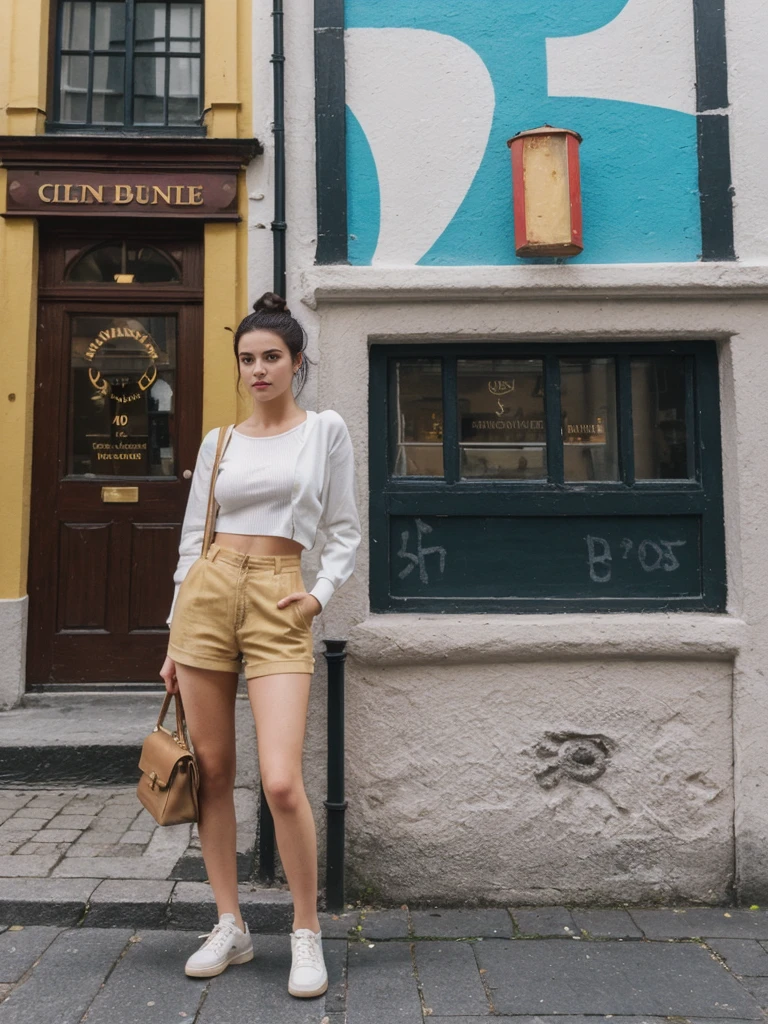 her name is Amelie, high quality, 1girl, ((20-year-old fit Caucasian woman)), ((20 years old)), ((fit)), ((Half-Up Bun dark hair)), pose: standing, wearing stylish fashionable Generation-Z modern wear colored, BACKGROUND:On Temple Bar, with lively pubs, colorful street art, and cobblestone streets.