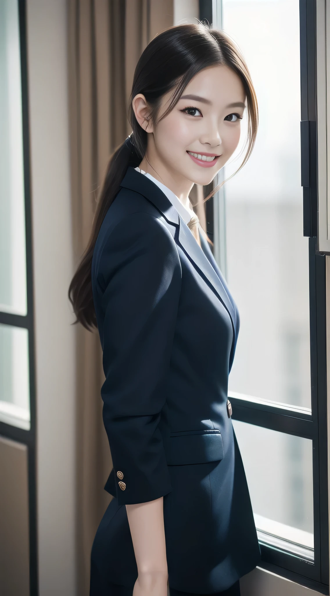 The face of a hostess、Dress code: high quality navy blue business suit、Surreal、healthy、Smiling face、Slim and perfect figure、Japanese Beauty、Beautiful Eyes、Perfect Face、Beautiful Skin、From the side、Background is an office on a high floor、By the window