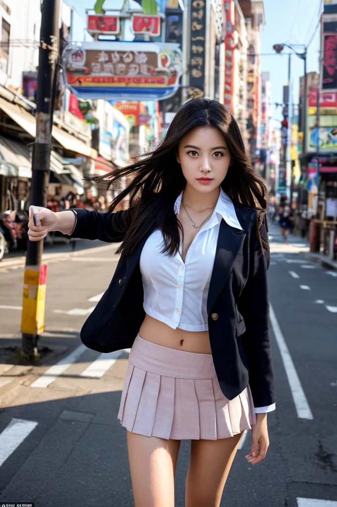 a 17 year old girl, she is the most beautiful actress in the world, the perfect body proportions of this girl, her upper body with it's ????????????? are covered 100% by the shirt under the blazer, her ?????? between her ???? legs are hidden just 99% by short skirt, the blazer is firmly closed and buttoned up on her waist, it's only one description of one body, it's from right above her head to right below her shins are within frame, all her body is looking forward to viewer, she is standing at the city street, ????, best quality, highly detailed, masterpiece, ultra high res, photo realistic, 8k, RAW photo