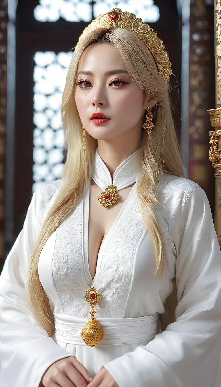 (((Hyper Real)))、(((A 30-year-old white female priest from ancient Europe)))、(((Beautiful female priest))) Mature beautiful middle-aged woman、(((Big big boobs)))、Fine skin、Beautiful plump middle-aged woman、(Fine green eyes)、Blonde fluffy long hair、{(Ancient ornate and luxurious temple)、(Many torches are burning)}、(((Big big cleavage)))、Big Ass、Red lips、(((Luxurious pure white outfit and luxurious accessories)))、
