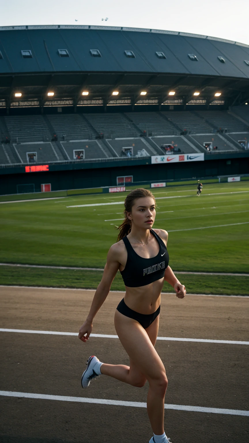 russian, beautiful mature college girl, ((athletic sports:1.2)), athletic sports wear, in stadium, track, ((a running figure)), very fast, motion blur, challenge, outside on track field, photorealistic, cinematic lighting, dark atmosphere, volumetric lighting, action pose, epic scene, nike advertising photography, just do it campaign,from above:1.4