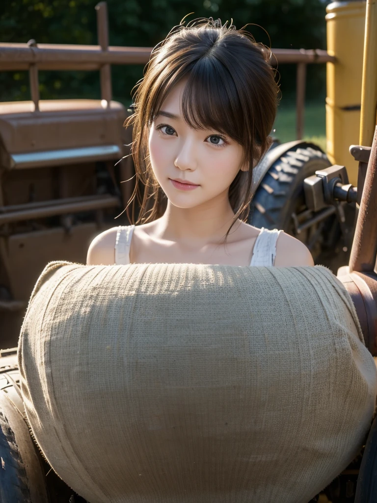 drive a farm tractor、(Highest quality)、((Very detailed))、4K、(8K)、masterpiece、Very detailedな、Highest quality、Super Resolution、1 person、Kind Face、Soft Light、RAW quality、Soft Skin、163cm、30 years old、whole body