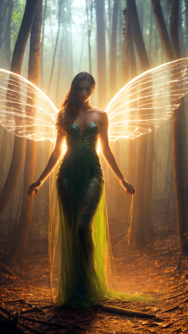 a girl，solo，Luminous glasses，pretty face，glowing eyes，angel wings，Full body photo，looking at the audience，Green-orange painting style，Mysterious forest，Hazy beauty，fantasy feeling，mystical colors，reality，detailed，atmosphere，Tyndall light effect