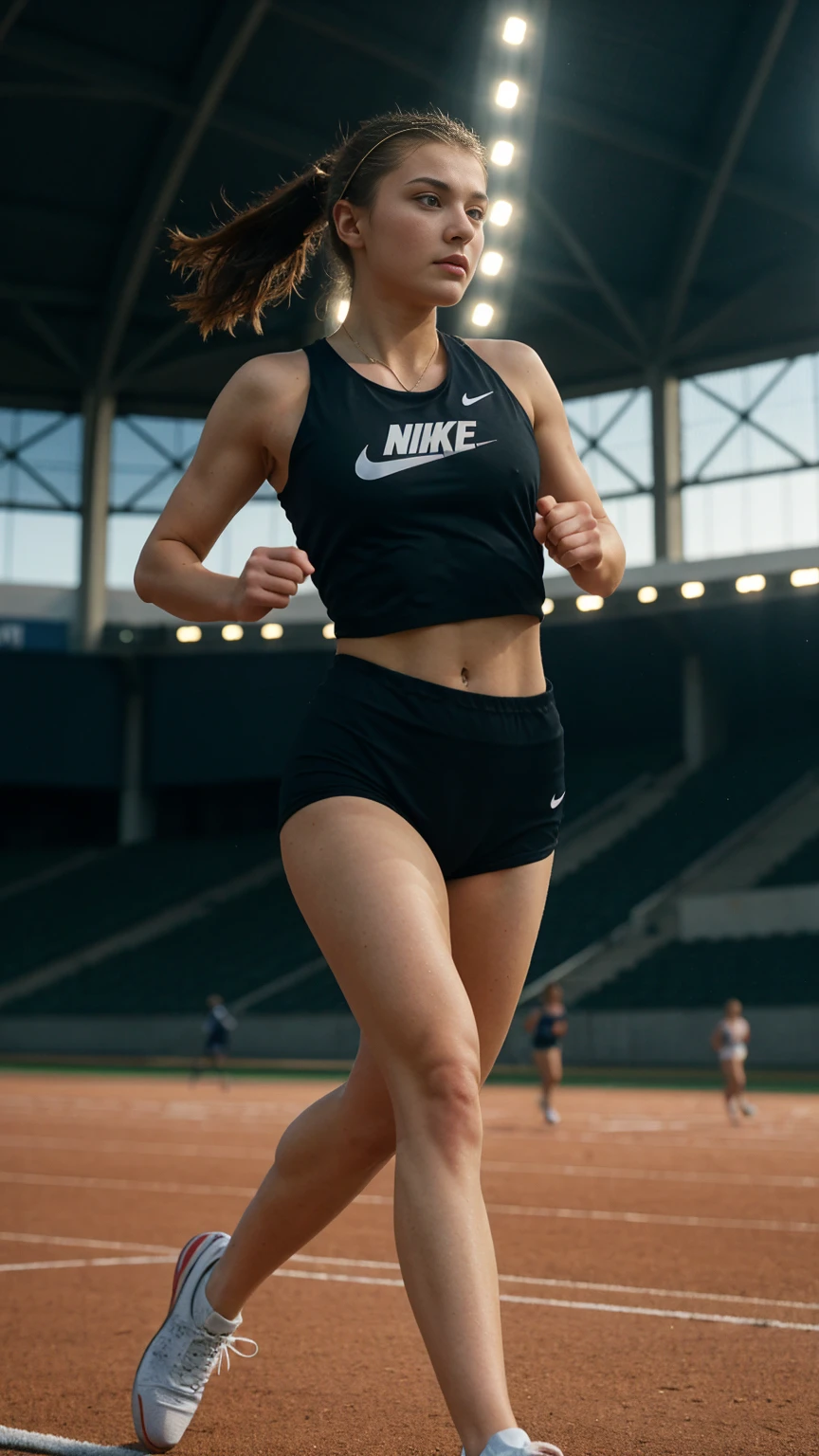 russian, beautiful college girl, ((athletic sports:1.2)), athletic sports wear, in stadium, track, ((a running figure)), very fast, motion blur, challenge, outside on track field, photorealistic, cinematic lighting, dark atmosphere, volumetric lighting, action pose, epic scene, nike advertising photography, just do it campaign,Show side view