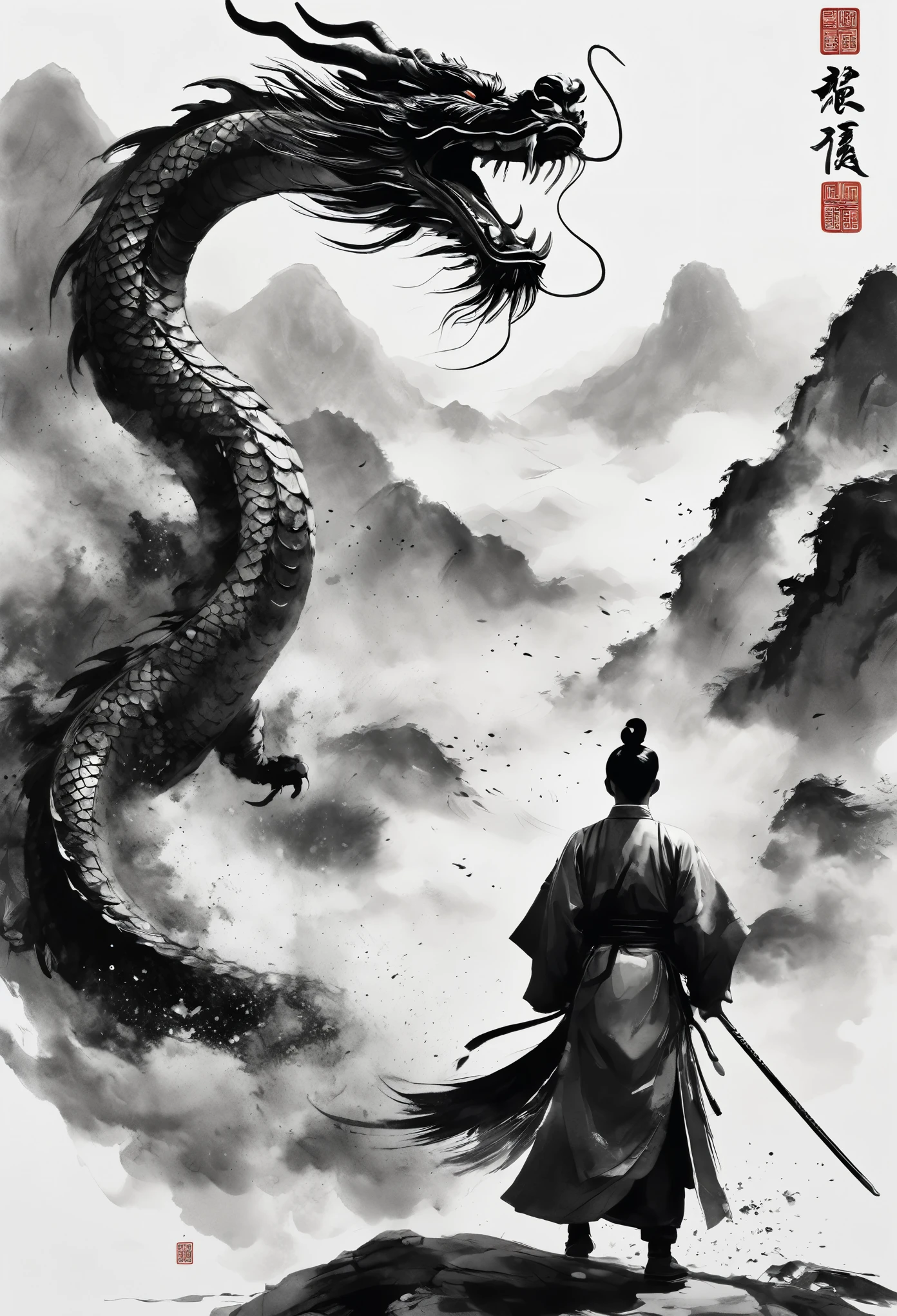 Epic Song Ink Lens，Chinese warrior wearing Hanfu fighting a dragon，POV perspective，First Person，Tradition Chinese Ink Painting style，Exaggerated perspective，thrilling moment，8K，Simple style，Style Wu Guanzhong