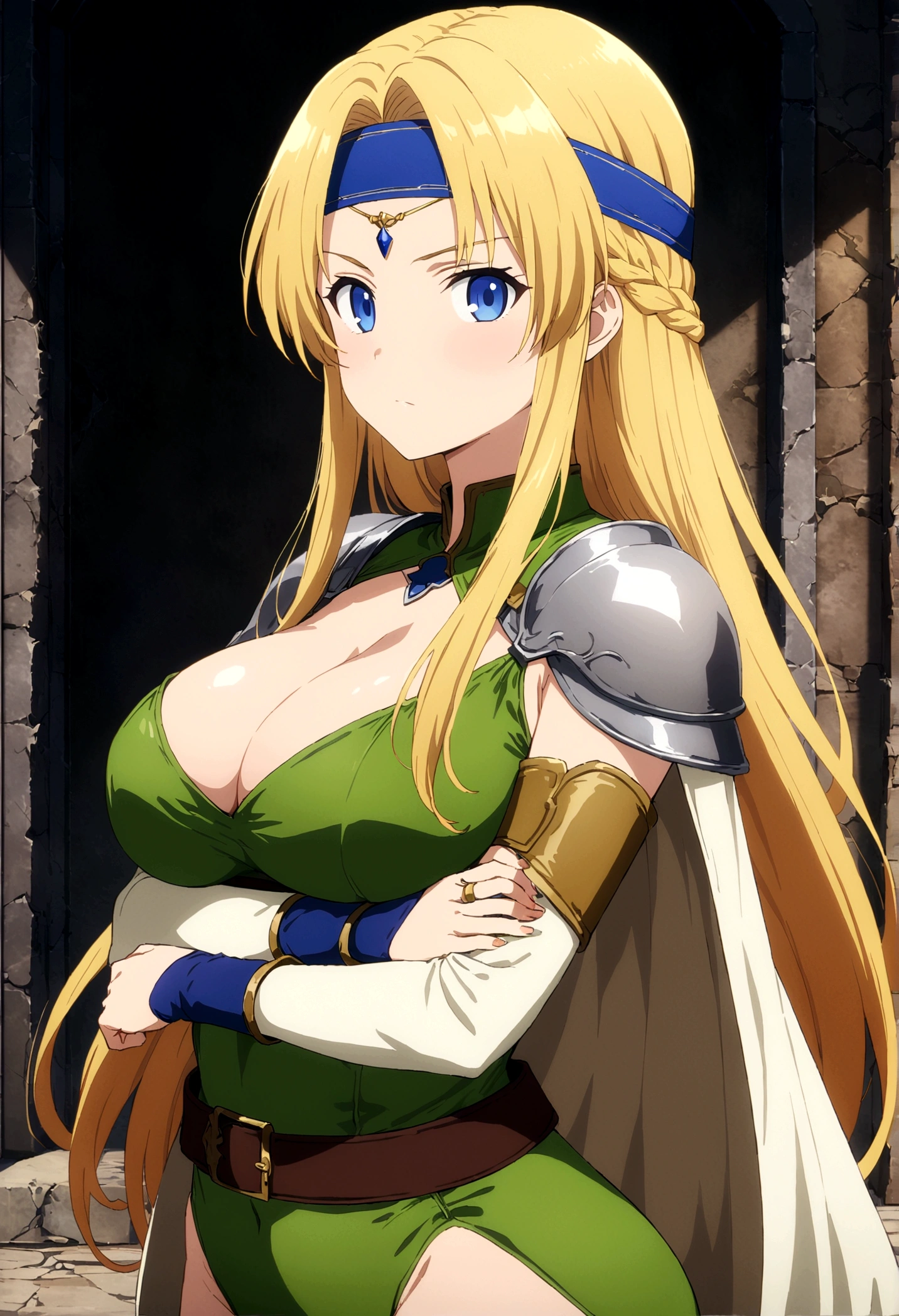 score_9, score_8_up, score_7_up,,BREAK source_anime, from side ,standing,straight-on,medium shot,looking_at_viewer,1girl, celes chere, final fantasy.blonde hair, blue eyes, green leotard, headband,  large breasts,cleavage, pauldrons, circlet, bridal gauntlets, belt, white cape, vambraces,bracer,  very long hair, bangs, closed mouth,cross arms in front.tundere, (best quality),(aesthetic,very aesthetic),masterpiece, highres, (anime screenshot:0.5),