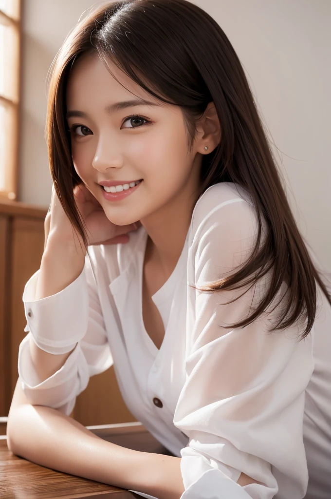 Having an oil massage,girl,Portraiture,White shirt,smile,anime,An illustration,8K,