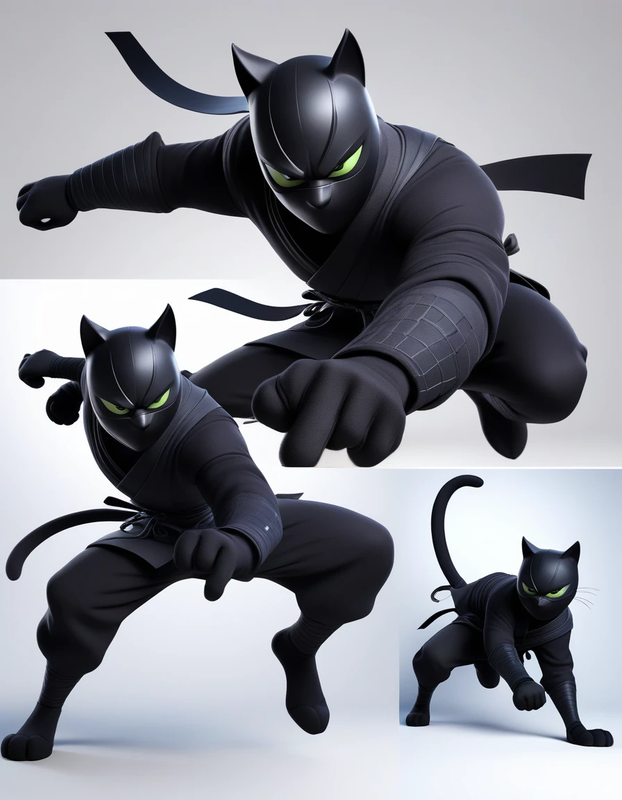 3D style, style of cartoon, Disney Pixar style, paiting digital, White background, different positions, high-quality, best qualityer, Masterpiece artwork, 8K.., black cat ninja , in dark theme, angry male black cat in ninja suite, furry, not a human, full cat body