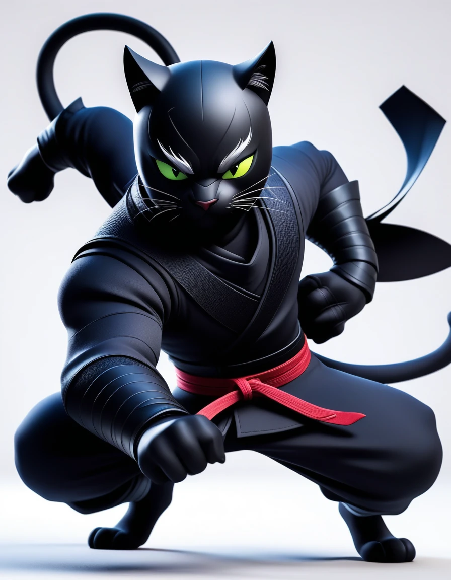 3D style, style of cartoon, Disney Pixar style, paiting digital, White background, different positions, high-quality, best qualityer, Masterpiece artwork, 8K.., black cat ninja , in dark theme, angry male black cat in ninja suite, furry, not a human, full cat body