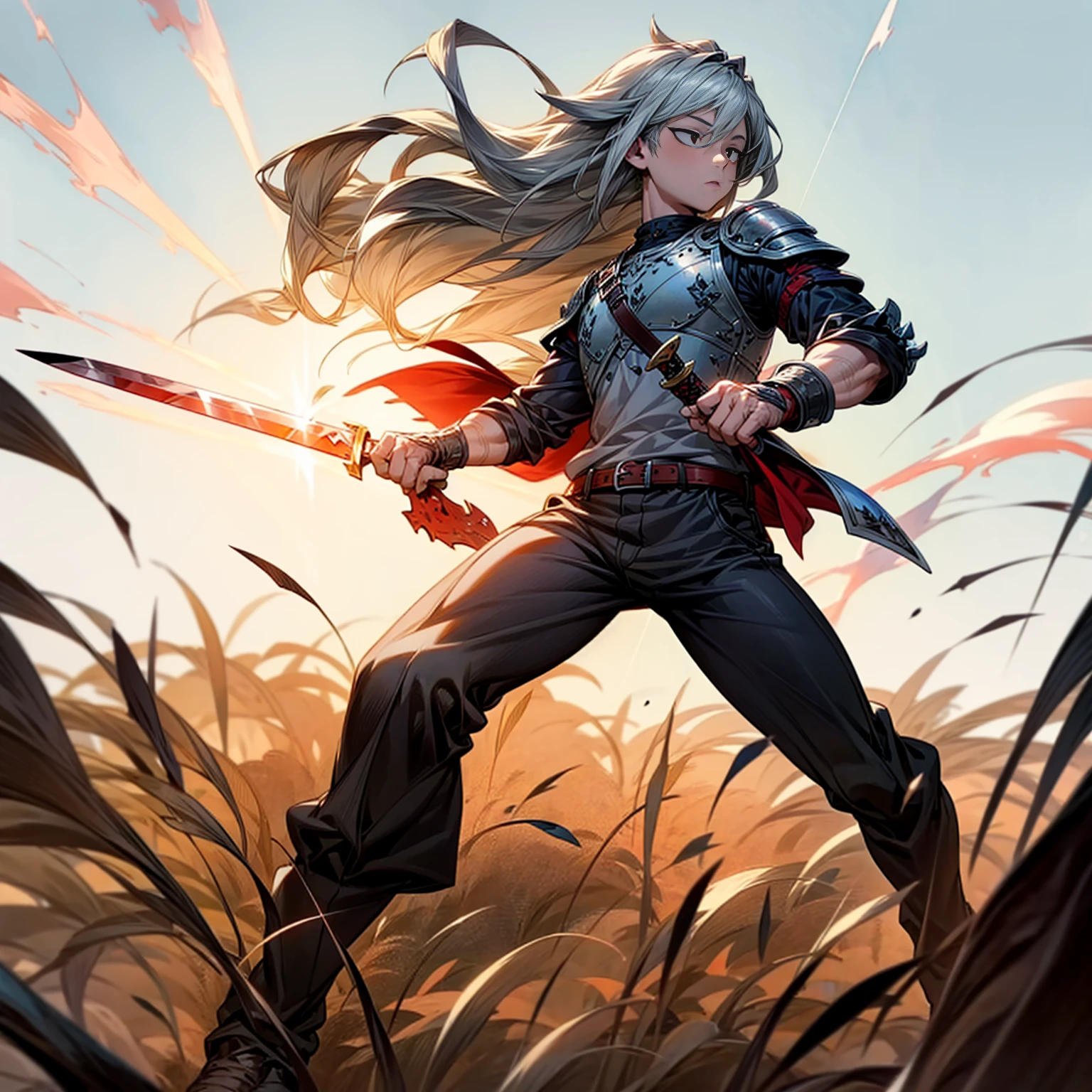 1boy, Full body version, 1character, black eyes color, milk skin, long hairstyle, monolod eyes type, silver colour hair, muscle, Farmer villager clothing style, red color clothing, black pants, white scraf, Ancient roman boots, vest armors, knife in two hand, Grassroots background in field villager, motion blur, battle gesture, lighting morning, sunlight, smoke, plasma, bloody background, fire, lighting knife 