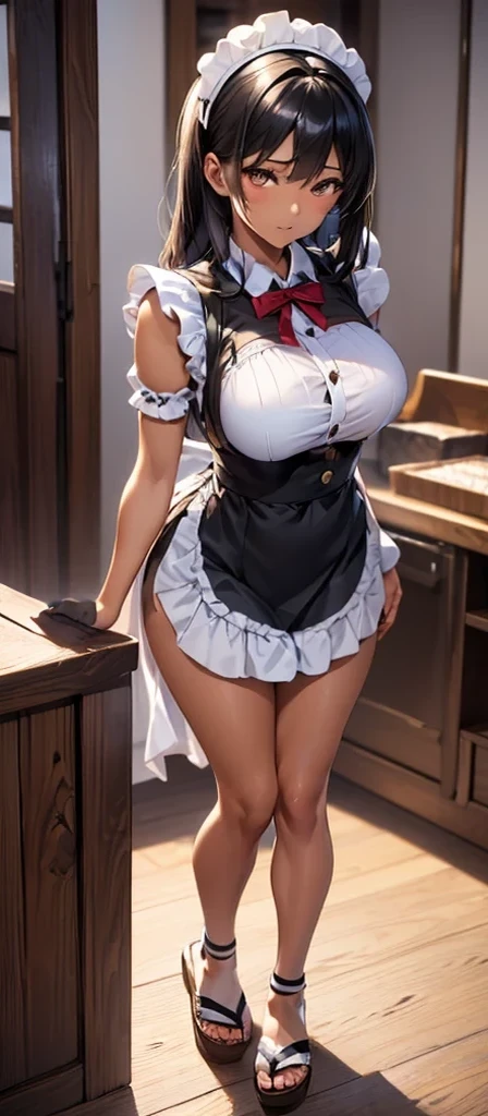 (1 Girl:1.3, Solitary),(Very beautiful woman), (22 years old: 1.1),(Attractive random poses:1.3), (look down:1.3), (Staring at you:1.3), (Front view:1.3), (Jet-black and shiny hair:1.2), (Studio Soft Light: 1.3), (Fake lights: 1.3), (Backlight: 1.3), rest, (Practical, Reality: 1.37), (masterpiece, best quality: 1.2), (Ultra-high resolution: 1.2), (RAW photos: 1.2), (Clear focus: 1.3), (Face Focus: 1.2), (Ultra-detailed CG unified 8k wallpaper: 1.2), (Beautiful skin: 1.2), (Pale skin: 1.3), (Hyper Clear focus: 1.5), (Ultra Clear focus: 1.5), (Pretty face: 1.3), (Ultra detailed background, Detailed background: 1.3), Ultra Practical Photo, Ultra-clear images, Ultra-detailed images,black hair,Brown almond eyes,Brown eyes,Brown skin,日式黑白Maid装,indoor,indoor背景,dark skin,Black long hair,Brown eyes,Japanese wooden sandals,精致elegant女孩,Maid,Normal body,日式蕾丝花边Maid装,apron,Exquisite facial details,elegant