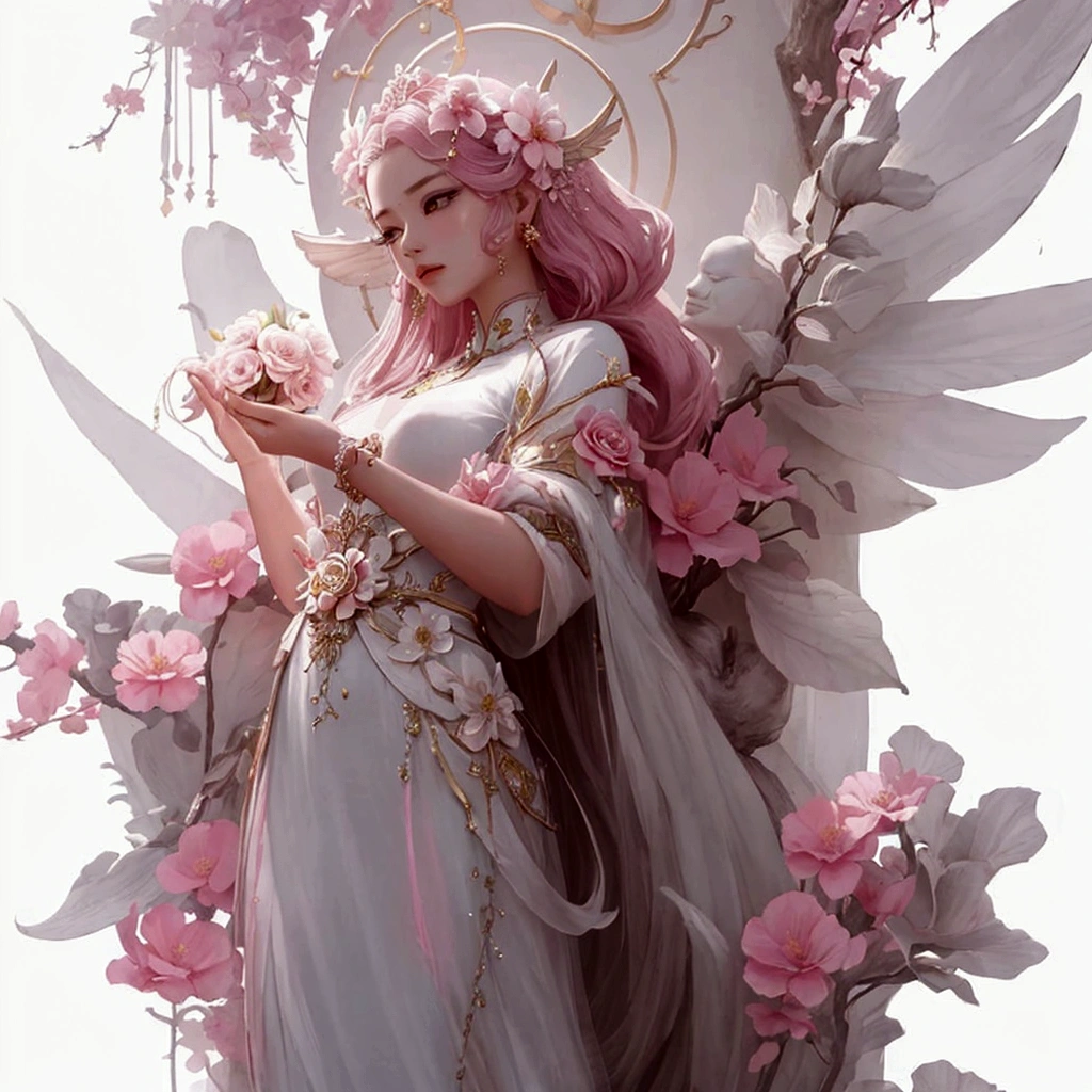 There is a statue of a woman holding a pink flower in her hand., Guweizu, 🌺 CGSociety, artwork in the style of Guweizu, heavenly fantasy, amazing young celestial figure, Guweizu masterpiece, by Russell Lu Dongjun, ros tran(ross tran)and WLOP, popular on cgstation, Subtle and dreamy, heavenly beauty, dreamy and detailed