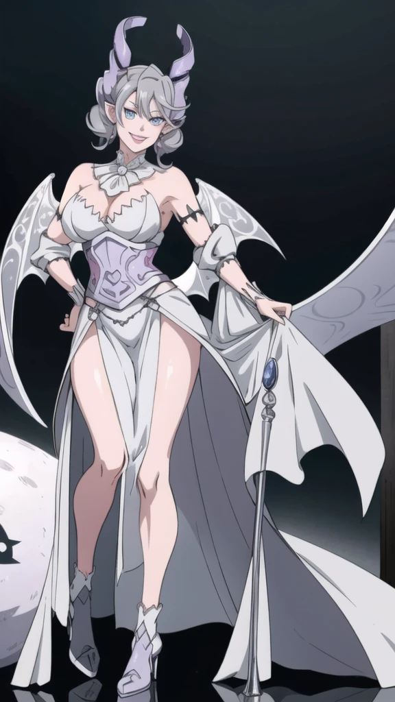   High level image quality　best image quality　8K　 adult woman   silver castle outside  more colors   whole body view　portrait   　horn    ears  　short hair（（shortcut）（gray hair）（perm）（fluffy））　eye color is blue ,  , 　attractive evil face , smile    ,   pose   ,  labrynth ,  barearm    , wearing pink , large wings    , standing  , crossed legs, view foot arc   , view behind