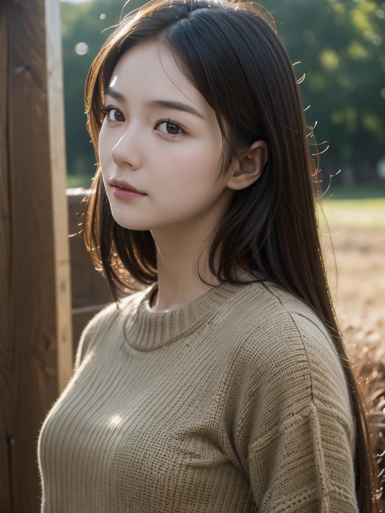 drive a farm tractor、(Highest quality)、((Very detailed))、4K、(8K)、masterpiece、Very detailedな、Highest quality、Super Resolution、1 person、Kind Face、Soft Light、RAW quality、Soft Skin、163cm、30 years old、whole body、Tying your hair back