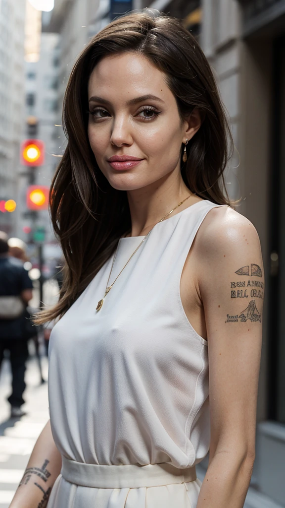 Angelina Jolie in full growth, In camouflage, cityscape, ultra detailed photo, detailed face and lips,