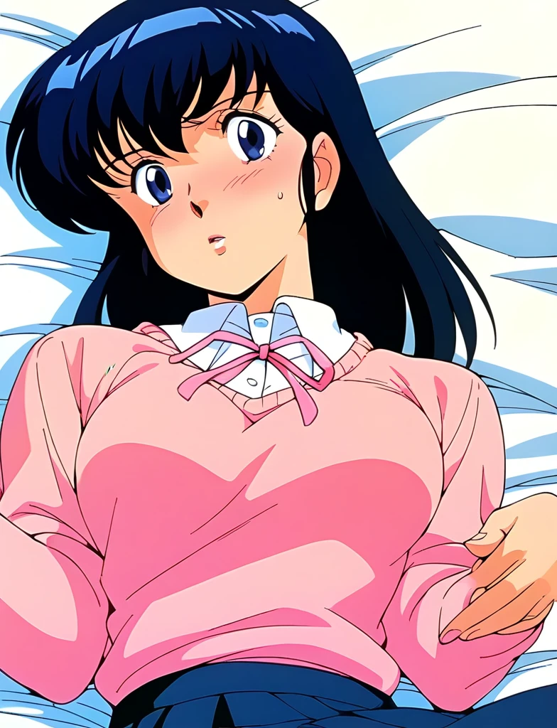 ,kyoko,score_9,score_8_upper,score_7_upper,sauce_アニメ,One girl,alone,Distract from the viewer、Hospital bed、Lying down、Pink Sweater,White collared shirt,length_skirt,blue skirt,Embarrassing、Rolled up skirt、Panties、Covered in semen、Covered in semen、