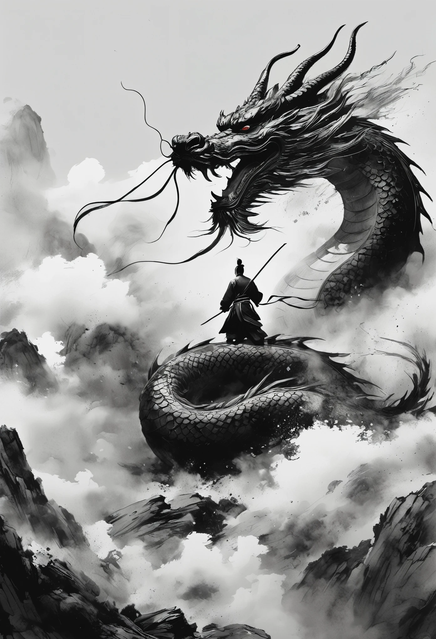 Epic ink shots，Chinese warrior wearing Hanfu fighting a dragon，Side view，First Person，Huge Chinese dragon，Strong contrast，Tradition Chinese Ink Painting style，Exaggerated perspective，thrilling moment，8K，Simple style，Style Wu Guanzhong