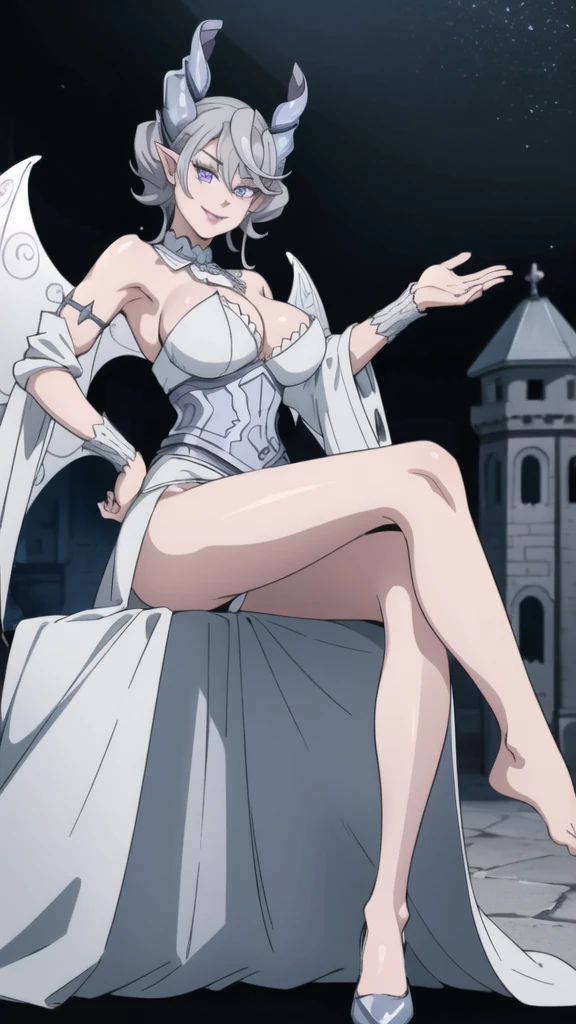   High level image quality　best image quality　8K　 adult woman   silver castle outside  more colors   whole body view　portrait   　horn    ears  　short hair（（shortcut）（gray hair）（perm）（fluffy））　eye color is blue ,  , 　attractive evil face , smile    ,  sexy pose   ,  labrynth ,  barearm    , wearing pink , large wings    , standing  , crossed legs, view foot arc   , view behind