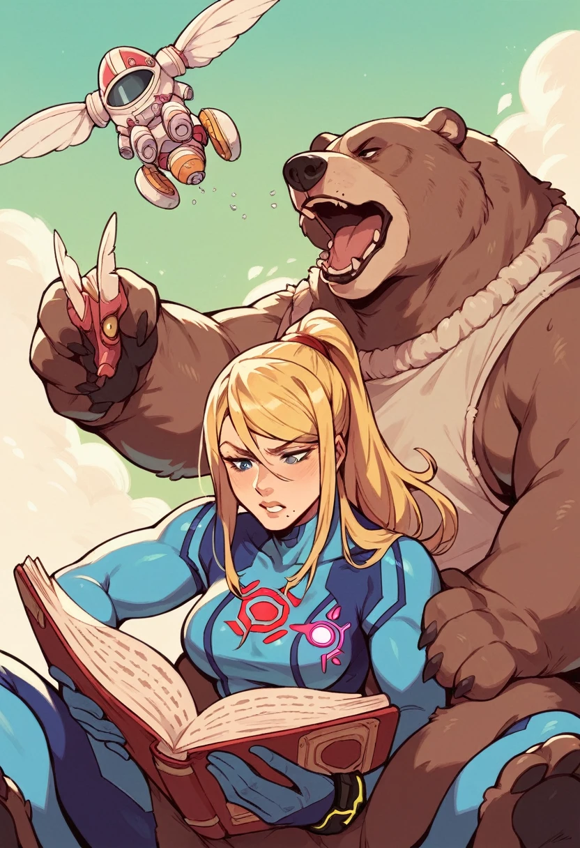 Samus aran space suit with french leaf patterns holding a rapier and reading a book while riding a grizzly bear, blonde long pigtail, in the background is the french countryside