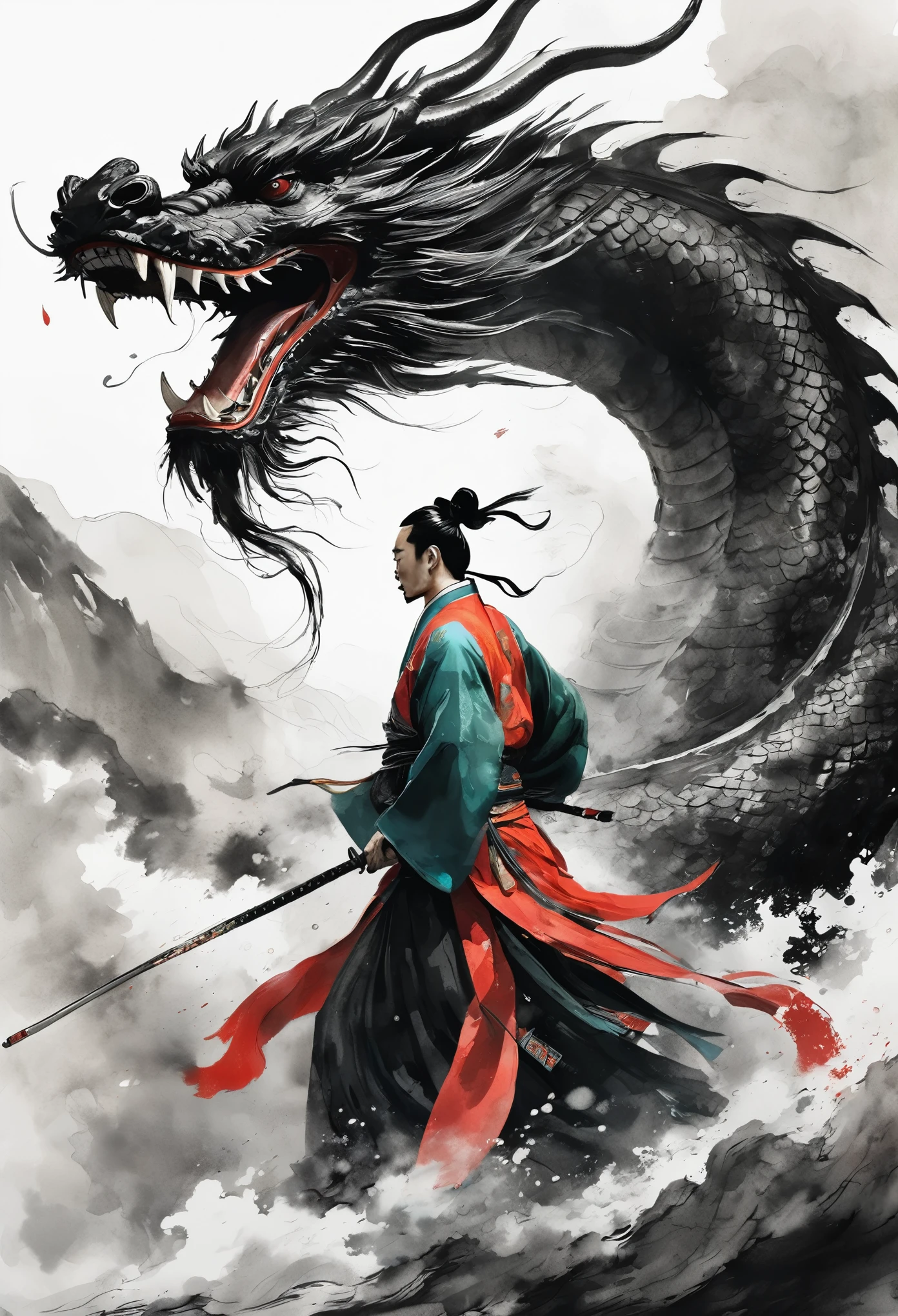 Epic ink shots，Chinese warrior wearing Hanfu fighting a dragon，Side view，First Person，Huge Chinese dragon，Strong contrast，Tradition Chinese Ink Painting style，Exaggerated perspective，thrilling moment，8K，Simple style，Style Wu Guanzhong