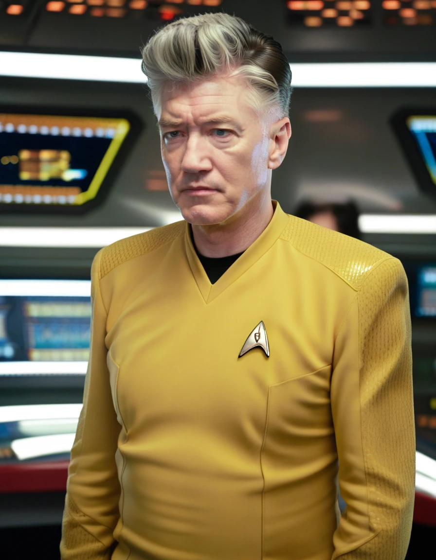 David Lynch in yellow stsnwunf uniform,on starship bridge,