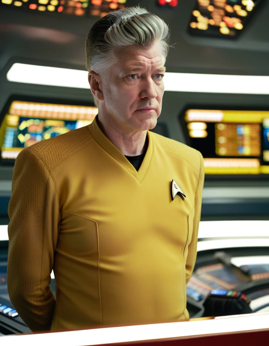 David Lynch in yellow stsnwunf uniform,on starship bridge,