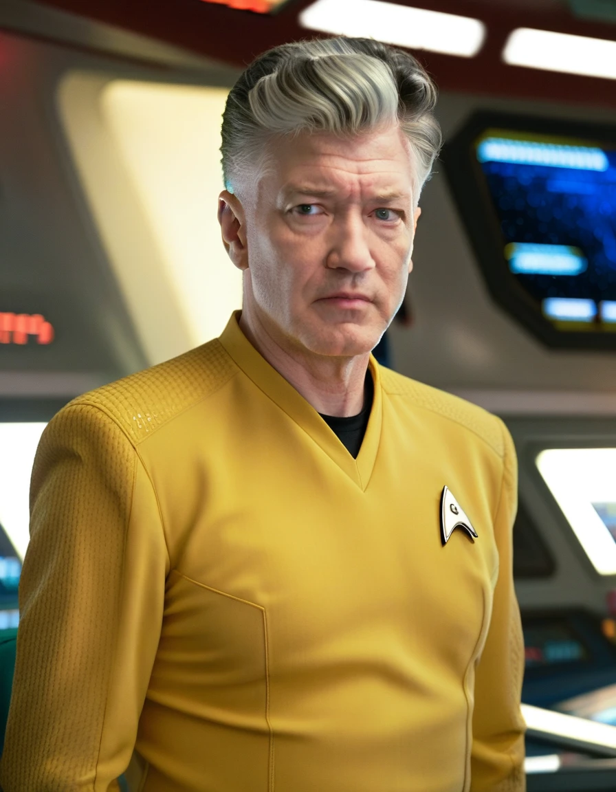 David Lynch in yellow stsnwunf uniform,on starship bridge,