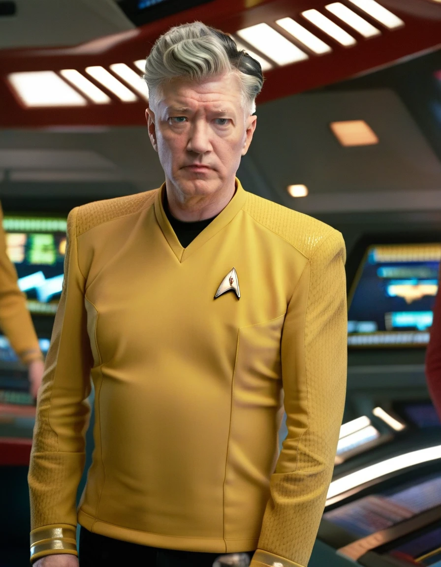 David Lynch in yellow stsnwunf uniform,on starship bridge,