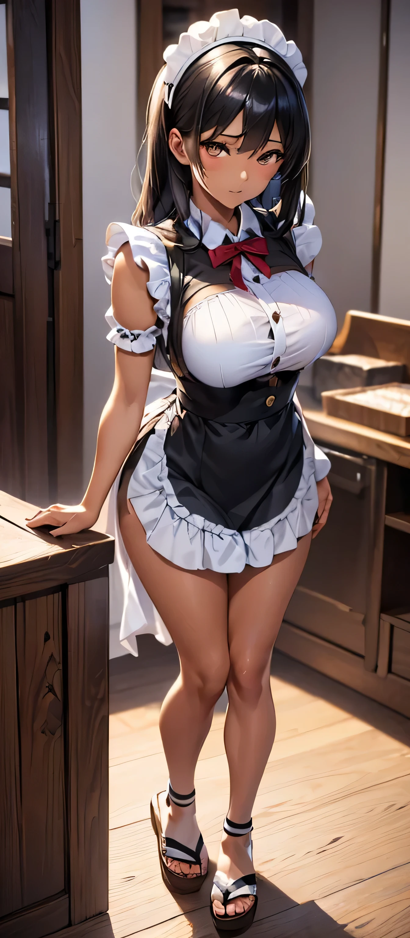 (1 Girl:1.3, Solitary),(Very beautiful woman), (22 years old: 1.1),(Attractive random poses:1.3), (look down:1.3), (Staring at you:1.3), (Front view:1.3), (Jet-black and shiny hair:1.2), (Studio Soft Light: 1.3), (Fake lights: 1.3), (Backlight: 1.3), rest, (Practical, Reality: 1.37), (masterpiece, best quality: 1.2), (Ultra-high resolution: 1.2), (RAW photos: 1.2), (Clear focus: 1.3), (Face Focus: 1.2), (Ultra-detailed CG unified 8k wallpaper: 1.2), (Beautiful skin: 1.2), (Pale skin: 1.3), (Hyper Clear focus: 1.5), (Ultra Clear focus: 1.5), (Pretty face: 1.3), (Ultra detailed background, Detailed background: 1.3), Ultra Practical Photo, Ultra-clear images, Ultra-detailed images,black hair,Brown almond eyes,Brown eyes,Brown skin,Japanese style black and white Maid costume,indoor,indoorbackground,dark skin,Black long hair,Brown eyes,Japanese wooden sandals,Exquisite elegant girl,Maid,Normal body,Japanese lace maid dress,apron,Exquisite facial details,elegant