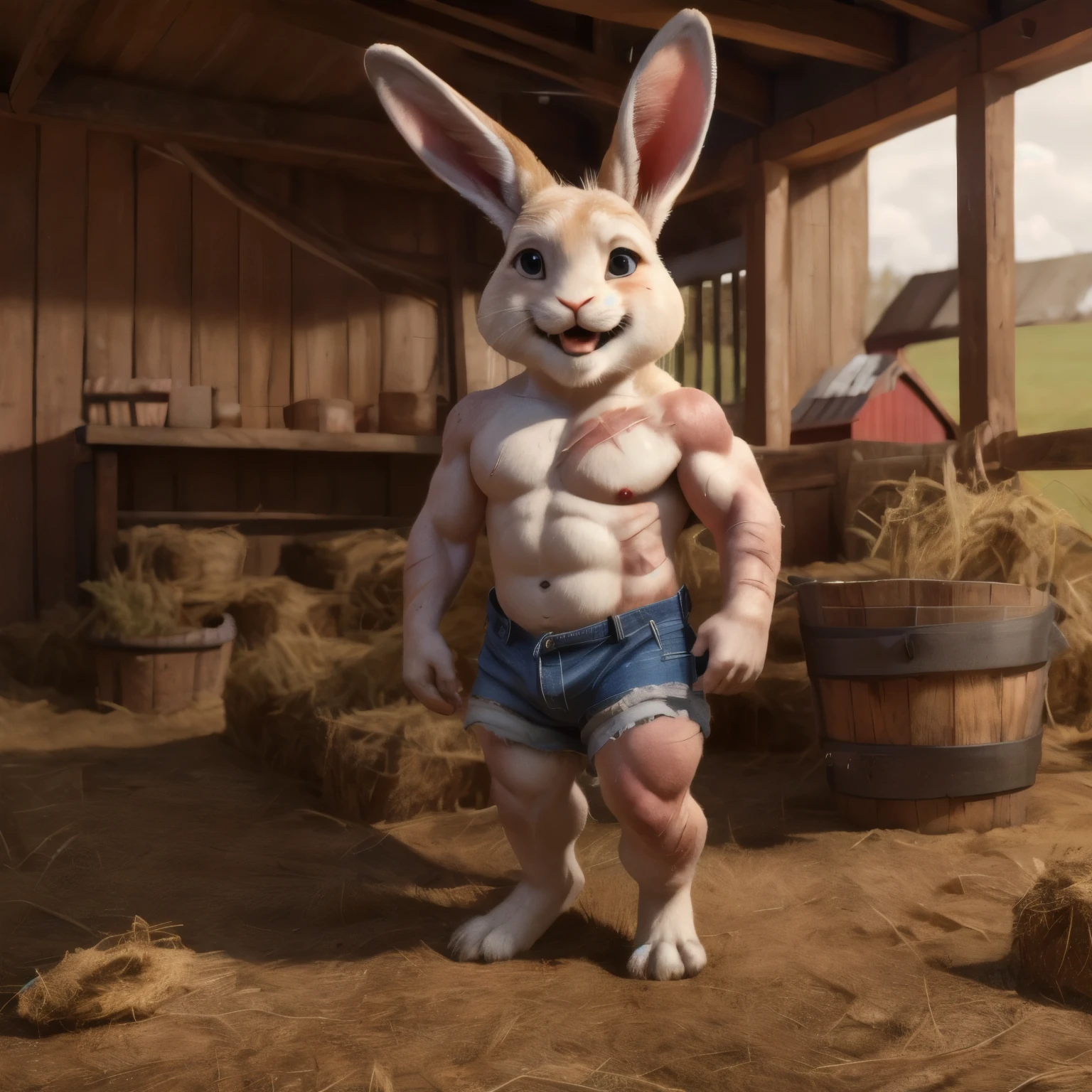 Farm environment, Juvenile,Dwarf,Male baby rabbit, Doing farm work,Raised,covered in wounds,Scar,Charm,Rabbit shape, muscular,Tattered shorts, sweat,Happy, Looking at the audience,
rest,
(Detailed background:1.2),High Detail, Film Photography, RAW Video, Practical, Analog style, best quality, ultra Practical, 8K,By Ken Ketter,