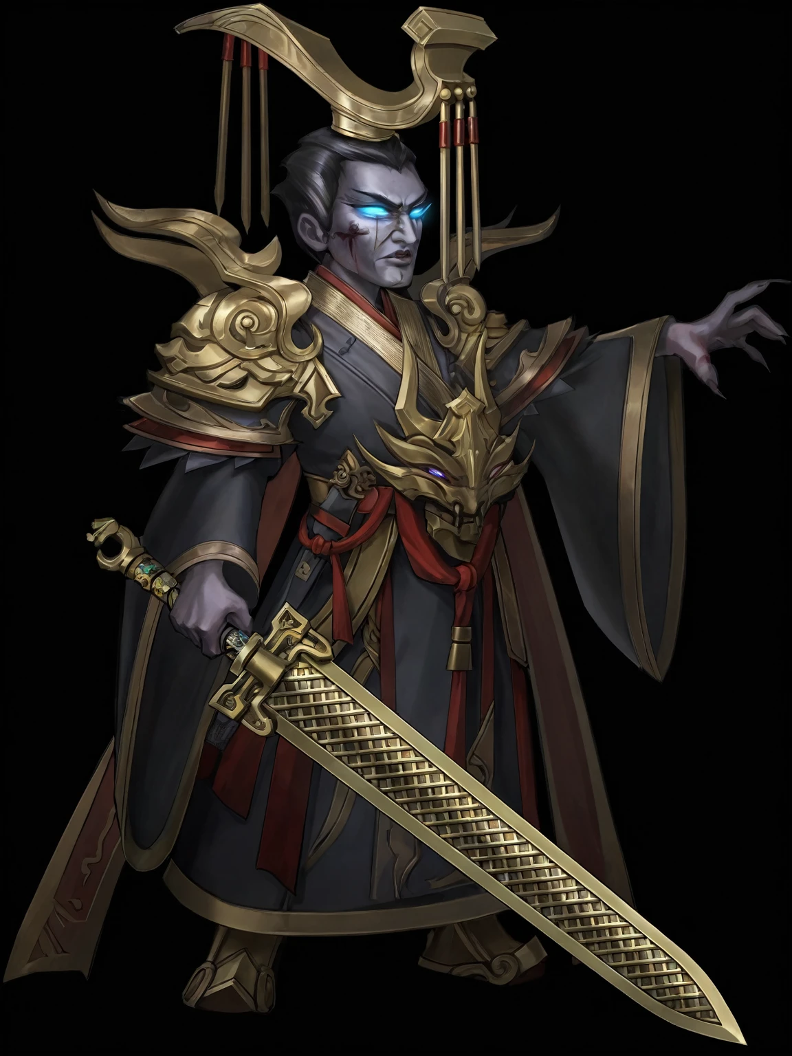 Emperor Qin Shihuang,Abstract Style:1.1, Dark background,Clear focus,Inner Violence,Bright colors,high resolution,Studio Lighting,Extremely detailed description,Physically Based Rendering,fear,Red embellishment,ominous lighting,Threatening expressions,Sinister atmosphere,Powerful and sophisticated weapons, Blood splatter,Smile,Shocking existence,Dramatic shadows.Blue light in the eyes，Bloodless skin，Bronze sword in hand，Bronze rust marks，Zombies，Zombies，hurt，Emperor&#39;s hat。Golden armor，Gray robe clothes，