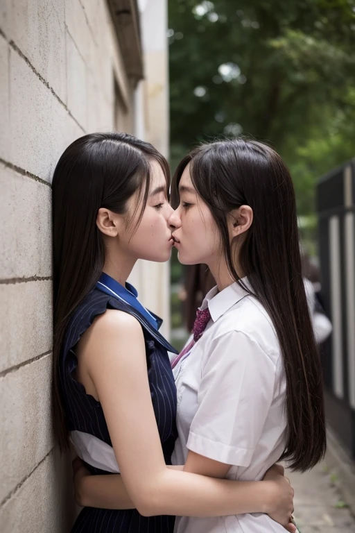 Two schoolgirls，narrow, angry look，equivalent height，In narrow train，black and blonde hair，Facing each other and staring，The two bodies are close to each other，kiss、hug each other, Picture of two people、Holding and facing each other、Photograph of two people facing each other、Push each other、Stick your and together、Bare、sweaty,the two eighteen-year-old girls found themselves pressed against each other, their bodies close enough to feel the heat radiating between them. One girl was pinned against the wall, stuffy kiss