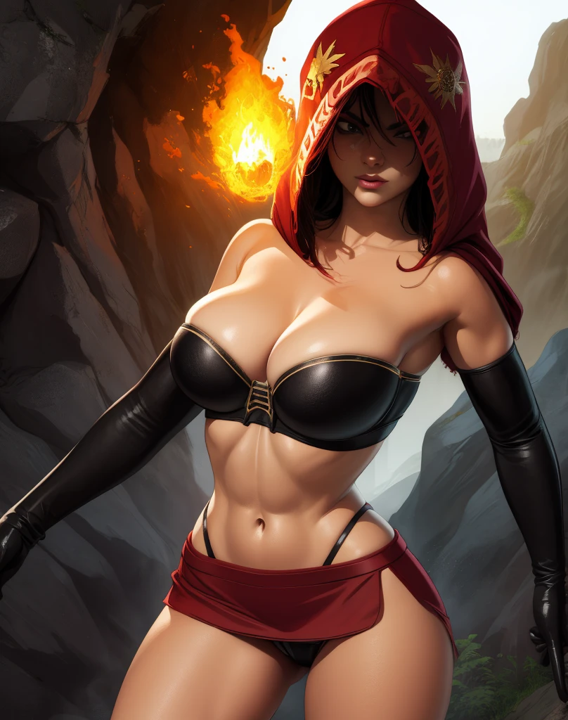 Dsorceress, shadowy face,dark cave, fire, hood, shadowed face, strapless bra, slim and athletic body, miniskirt, no panty, elbow gloves, dark skin, 1 girl (insanely detailed, masterpiece, best quality)