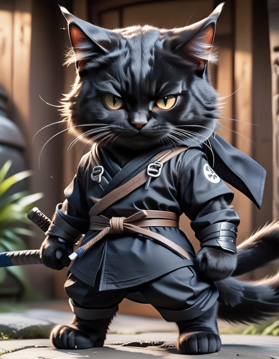 3D style, style of cartoon, Disney Pixar style, paiting digital, White background, different positions, high-quality, best qualityer, Masterpiece artwork, 8K.., cute black cat ninja , in dark theme, angry male black cat in ninja suite, furry, not a human, full cat body