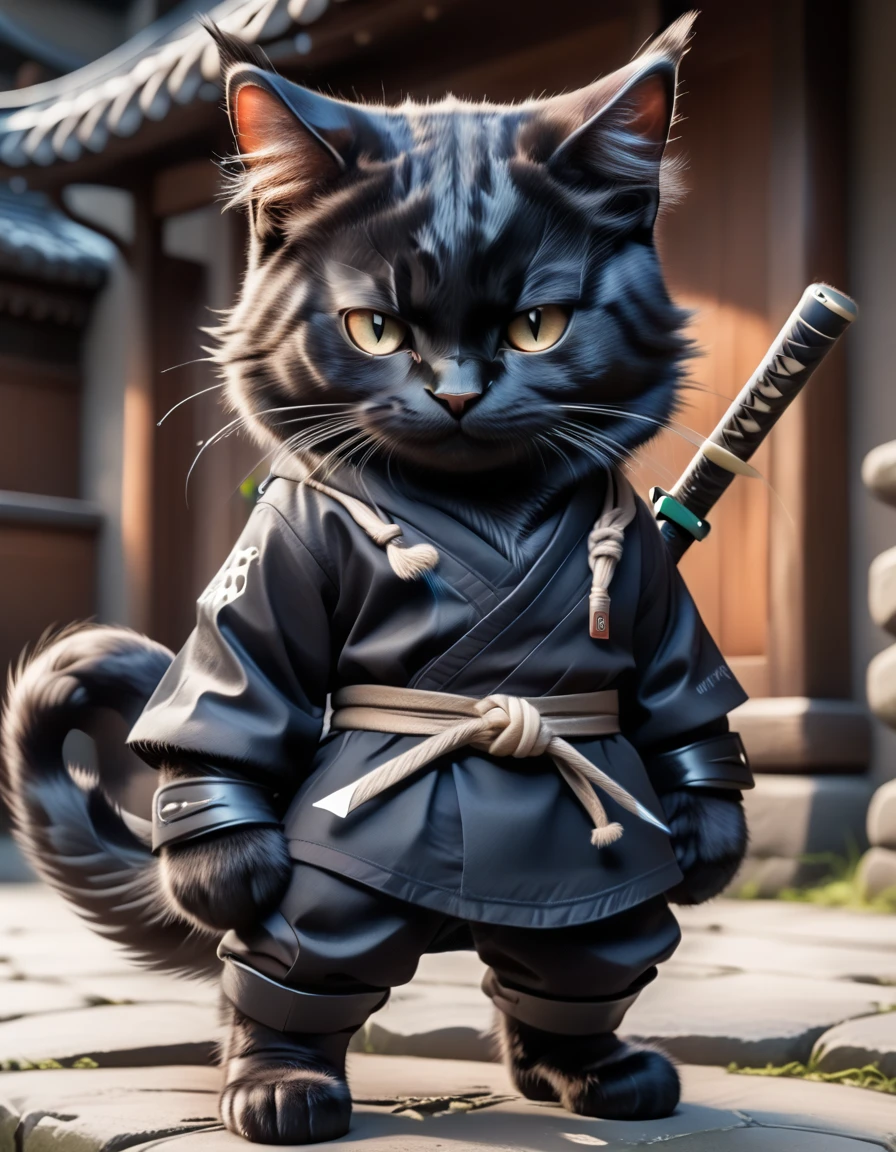 3D style, style of cartoon, Disney Pixar style, paiting digital, White background, different positions, high-quality, best qualityer, Masterpiece artwork, 8K.., cute black cat ninja , in dark theme, angry male black cat in ninja suite, furry, not a human, full cat body