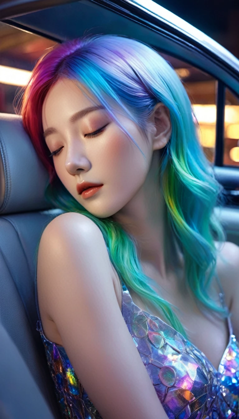 {{masterpiece}}, best quality, Extremely detailed CG unified 8k wallpaper, light,Simple style,Half-length photo, A woman was sleeping in a limousine,Sleep with your eyes closed,Behind the car window, Quiet Night. , Multi-colored hair, (Colorful hair:1.5),