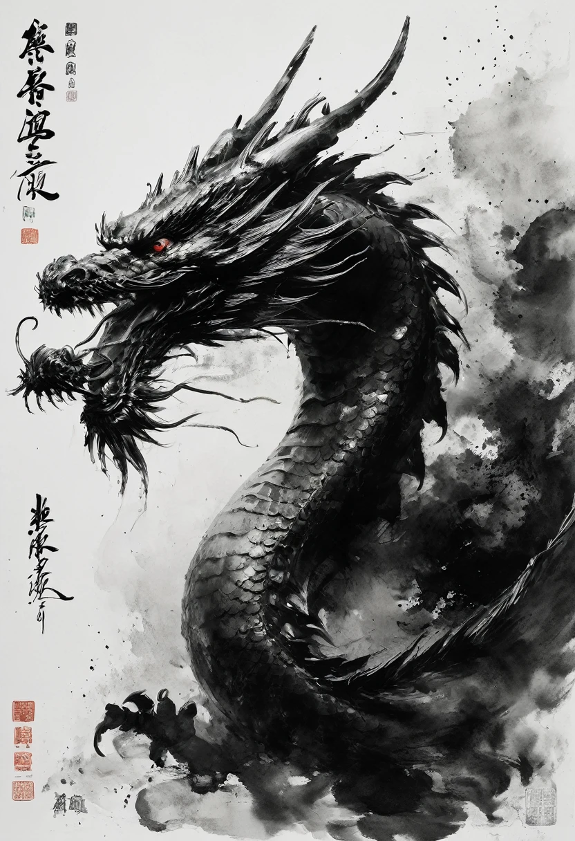 Chinese dragon, Red Eyes, sharp teeth, open mouth, teeth, from the side, Chinese text, sign
