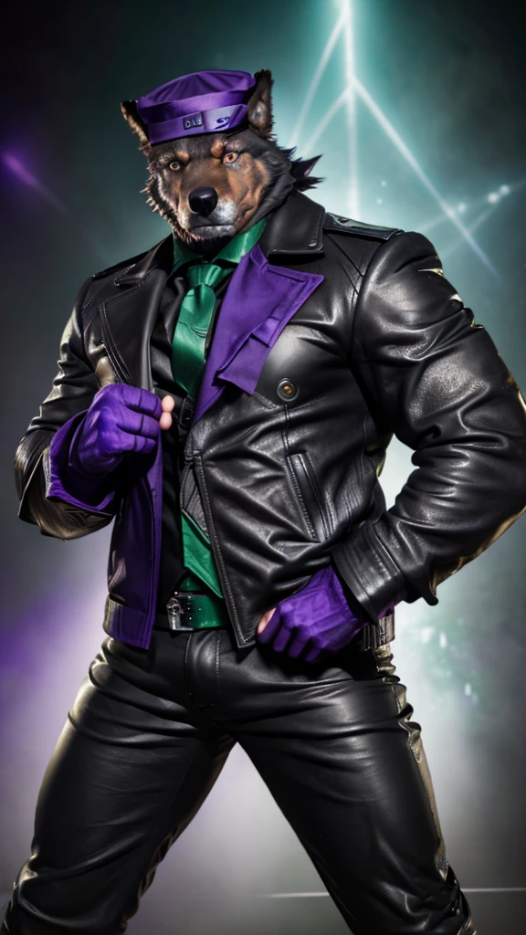 a large muscular anthropomorphic wolf,(black leather jacket,black leather pants,purple fedora,green right eye,purple left eye,purple bowtie,black leather fingerless gloves),hyper detailed,photorealistic,8k,masterpiece,cinematic lighting,dramatic colors,realistic textures,powerful expression,dynamic pose