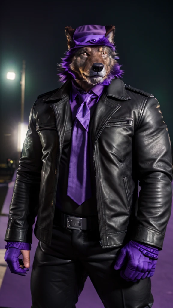 a large muscular anthropomorphic wolf,(black leather jacket,black leather pants,purple fedora,green right eye,purple left eye,purple bowtie,black leather fingerless gloves),hyper detailed,photorealistic,8k,masterpiece,cinematic lighting,dramatic colors,realistic textures,powerful expression,dynamic pose