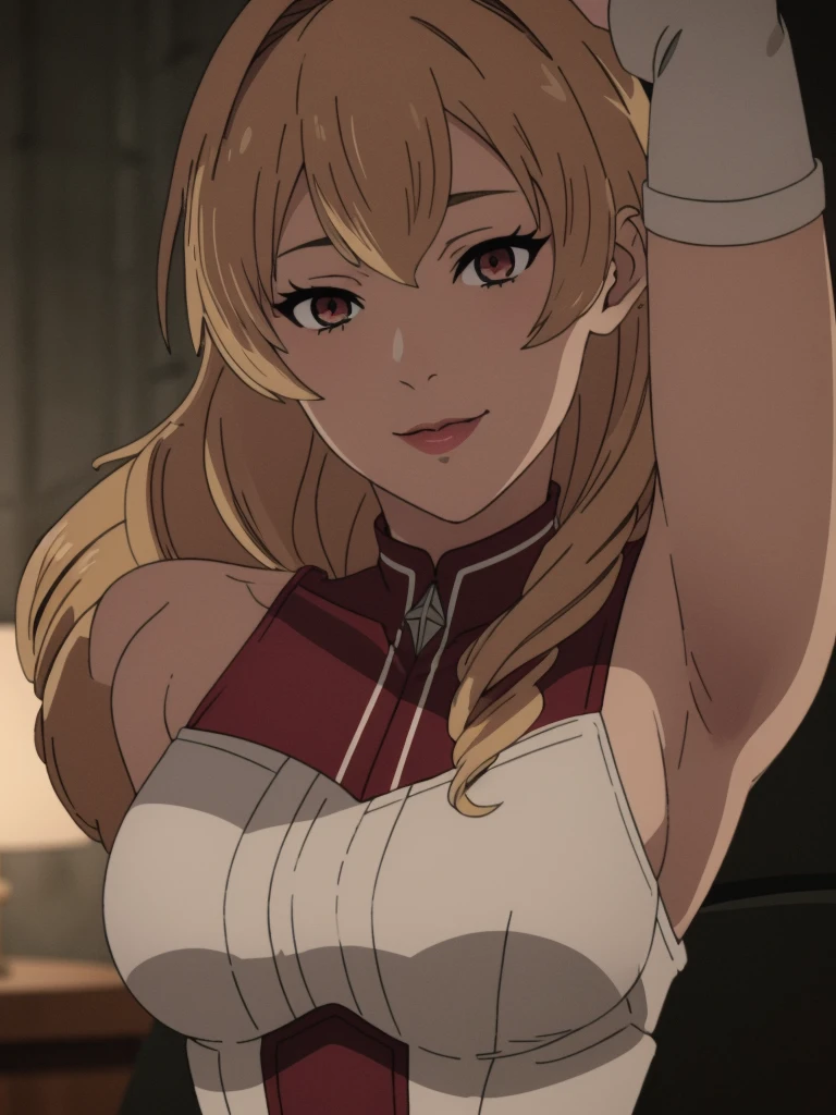 Best quality, masterpiece, ultra high res, 1girl, sexy, in the dark, deep shadow, low key, cold light, milf, blonde hair, dynamic light, cinematic lighting, cinematic lighting, down blouse, mature woman, middle parted hair, natural breast, full body,upper body, milf, elinalise, seductive smile, armpits visible, detailed armpits