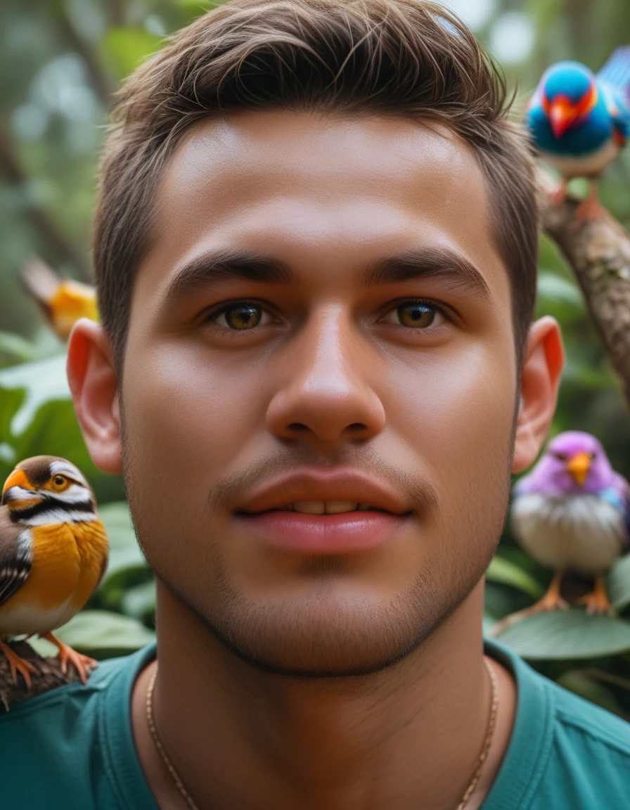 score_9, score_8_up, score_7_up, rating_save , Realistic handsome African man,showing his tall heigh,Mr. Jonah walks through the forest, marveling at the tall trees, colorful birds, and playful monkeys. The camera captures close-up shots of various plants and animals.