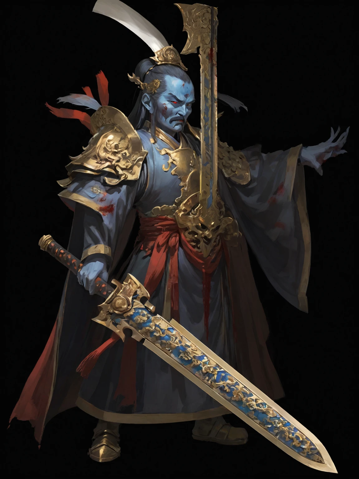 Emperor Qin Shihuang,Abstract Style:1.1, Dark background,Clear focus,Inner Violence,Bright colors,high resolution,Studio Lighting,Extremely detailed description,Physically Based Rendering,fear,Red embellishment,ominous lighting,Threatening expressions,Sinister atmosphere,Powerful and sophisticated weapons, Blood splatter,Smile,Shocking existence,Dramatic shadows.Blue light in the eyes，Bloodless skin，Bronze sword in hand，Bronze rust marks，Zombies，Zombies，hurt，Emperor&#39;s hat。Golden armor，Gray robe clothes，Handsome face