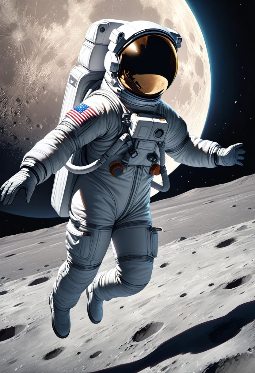 realistic Lunar Surface、A woman in a space suit is jumping on the moon
