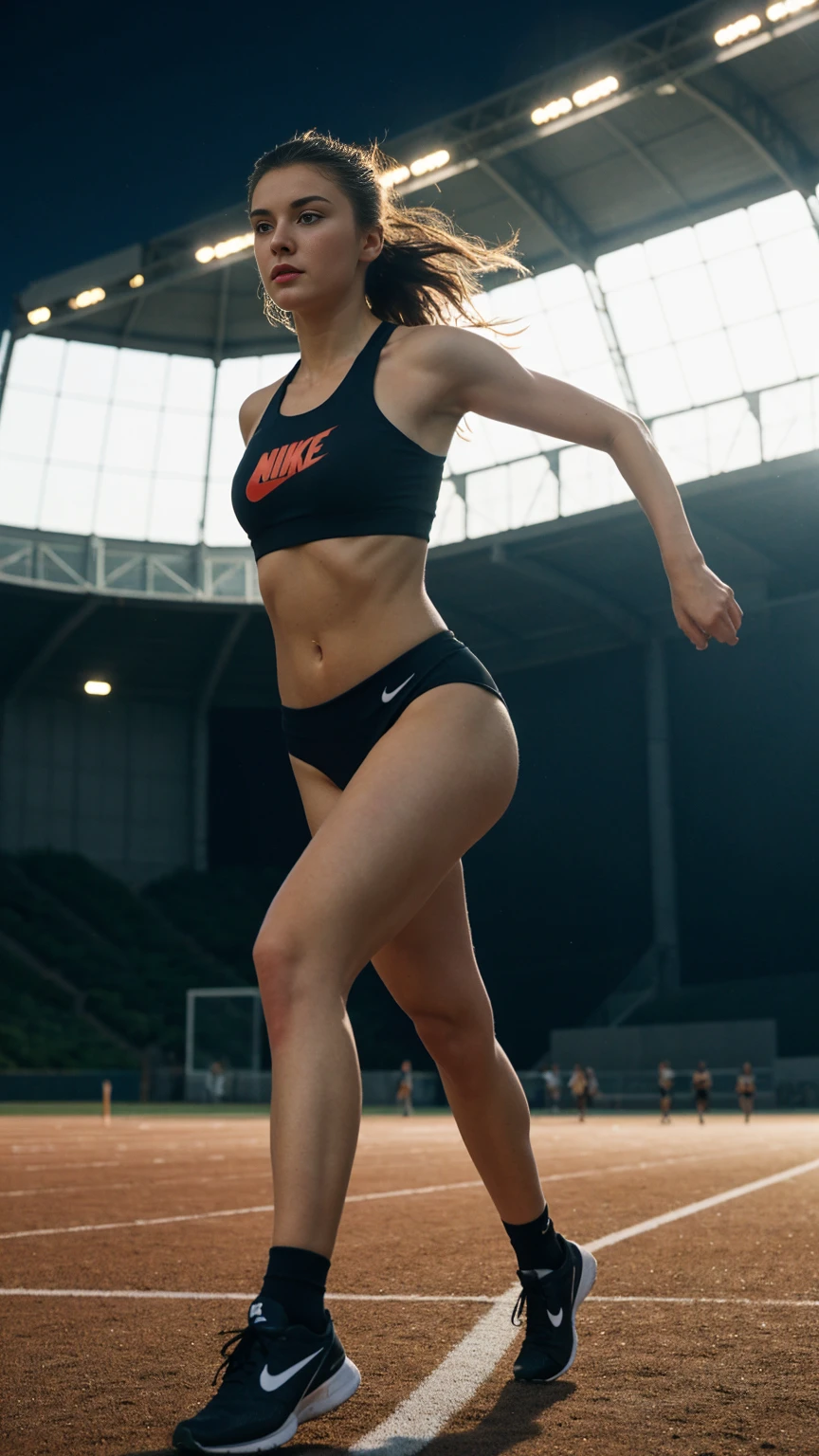 russian, beautiful mature college girl, ((athletic sports:1.2)), athletic sports wear, in stadium, track, ((a running figure)), very fast, motion blur, challenge, outside on track field, photorealistic, cinematic lighting, dark atmosphere, volumetric lighting, action pose, epic scene, nike advertising photography, just do it campaign,Show side view