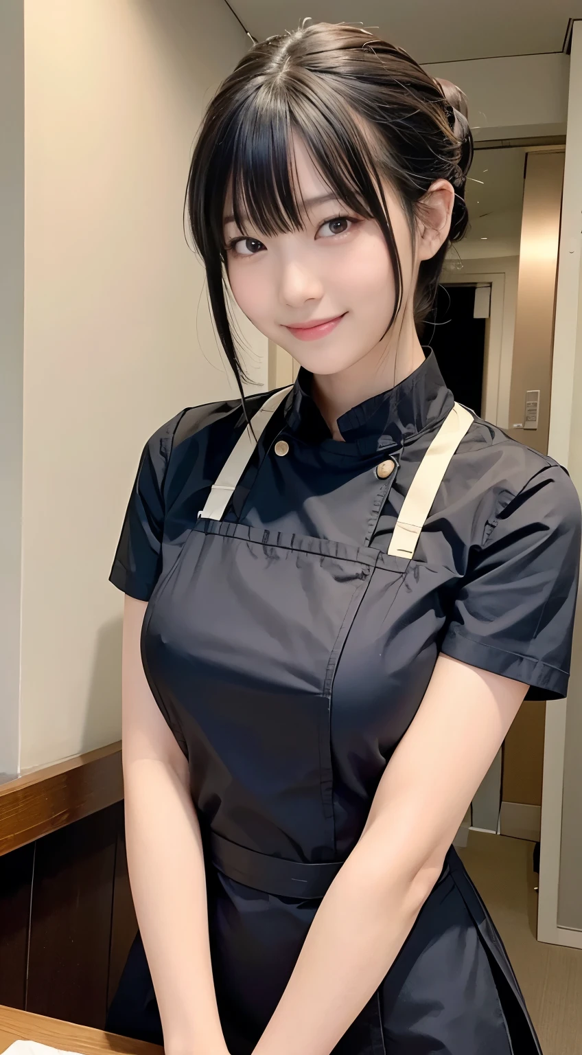(Highest quality,masterpiece:1.3,Ultra-high resolution,),(Very detailed,Caustics),(Realistic:1.4,RAW shooting,)Ultra-Realistic Capture,Very detailed,High resolution 16k human skin closeup。 Natural skin texture、,pores、、、、It must be detailed enough to be easily identifiable。 Skin tone is even and healthy looking。 Use natural light and color,restaurant,Waitress Uniform,1 girl,Japanese,18-year-old,cute,Black-haired,ponytail,,smile,Turn your body forward,(Front view:1.1),Looking into the camera,Cowboy Shot,
