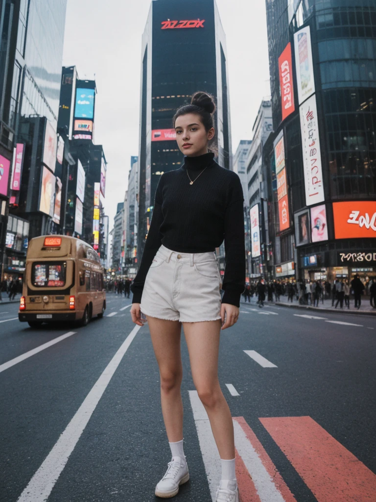 her name is Amelie, high quality, 1girl, ((20-year-old fit Caucasian woman)), ((20 years old)), ((fit)), ((Half-Up Bun dark hair)), pose: standing, wearing stylish fashionable Generation-Z modern wear colored, BACKGROUND:"In Shibuya Crossing, with neon lights illuminating the bustling intersection and towering advertisements."