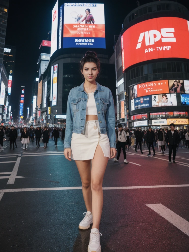 her name is Amelie, high quality, 1girl, ((20-year-old fit Caucasian woman)), ((20 years old)), ((fit)), ((Half-Up Bun dark hair)), pose: standing, wearing stylish fashionable Generation-Z modern wear colored, BACKGROUND:"In Shibuya Crossing, with neon lights illuminating the bustling intersection and towering advertisements."