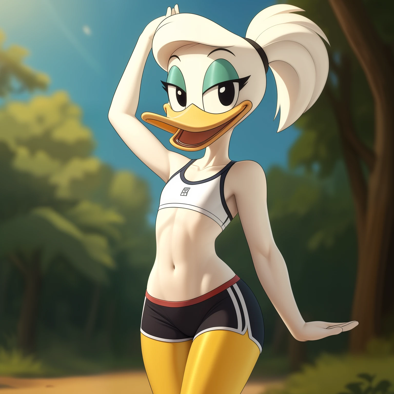 photorealism, duck, Lucie Duck, detailed background, outside, eyeshadow, white ponytail hairstyle, cartoon, (flat chested), (yellow legs: 1.5), smiling, happy, ducktales

wear white sports bra, tight white shorts, stretching her arms, intricate, detailed

simple black eyes, detailed, intricate, (skinny torso: 1.5), (showing her torso)

highest quality, (detailed white skin:1.3), (looking at the viewer), (soft cinematic light:1.1) ,