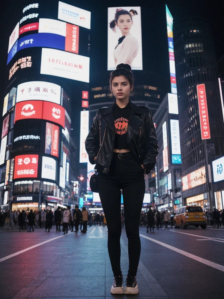 her name is Amelie, high quality, 1girl, ((20-year-old fit Caucasian woman)), ((20 years old)), ((fit)), ((Half-Up Bun dark hair)), pose: standing, wearing stylish fashionable Generation-Z modern wear colored, BACKGROUND:"In Shibuya Crossing, with neon lights illuminating the bustling intersection and towering advertisements."