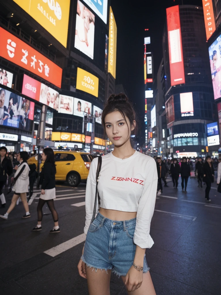 her name is Amelie, high quality, 1girl, ((20-year-old fit Caucasian woman)), ((20 years old)), ((fit)), ((Half-Up Bun dark hair)), pose: standing, wearing stylish fashionable Generation-Z modern wear colored, BACKGROUND:"In Shibuya Crossing, with neon lights illuminating the bustling intersection and towering advertisements."